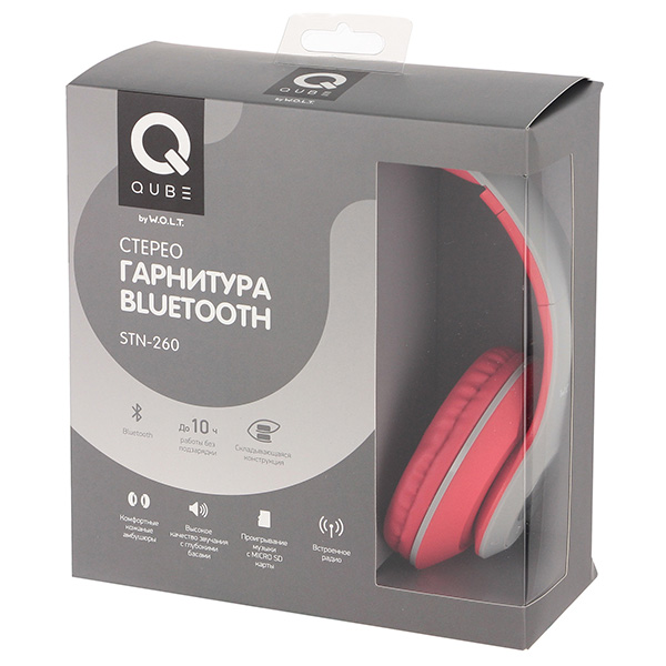 Наушники накладные Bluetooth QUB STN-260 Grey/Red